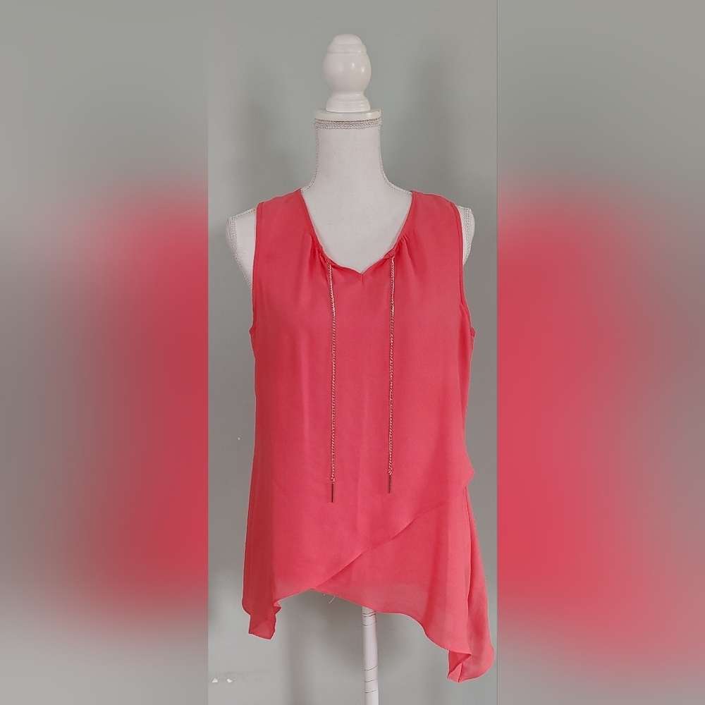 Zac & Rachel Orange Sleeveless Top Size Medium Layered Asymmetrical Chain Detail